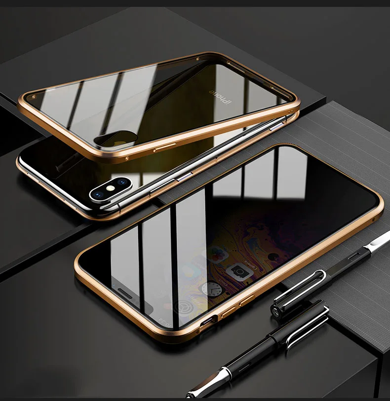 Gold Магнитный чехол из закаленного стекла для iPhone 8, 7, 6 Plus, X, XS, XR, Max, 6 S, защита для экрана с металлической адсорбцией - Цвет: Gold