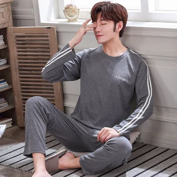 

Fashion Autumn Men Pajamas Sets O-Neck Solid Cartoon Print Sleepwear 100% Cotton Long Sleeve Leisure Masculino Nightie