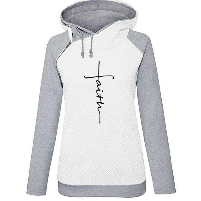  Autumn Winter Patchwork Hoodies Sweatshirts Women Faith Cross Embroidered Long Sleeve Sweatshirts F