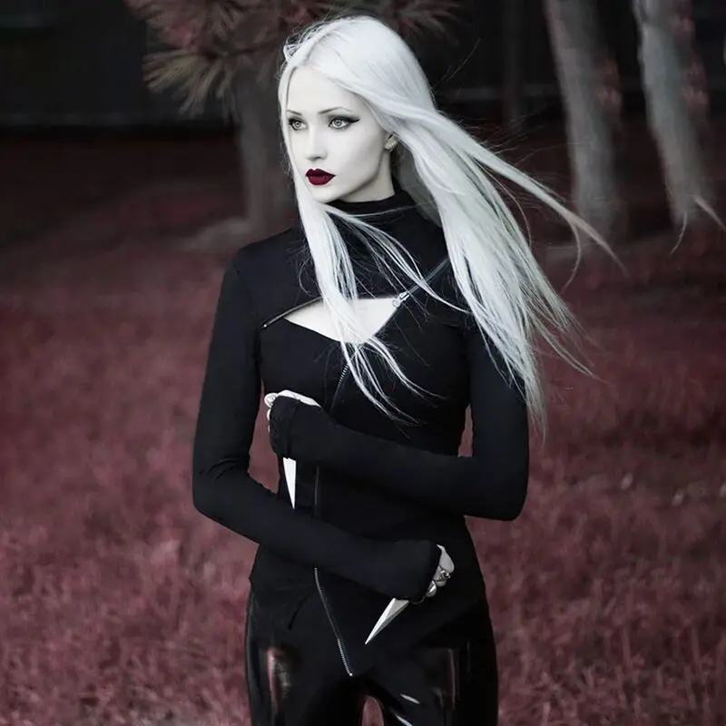 

Ruibbit Punk Gothic Women Black Long Sleeve Fashion Pullover BF zipper Hollowing out Sweatshirt Female Tops