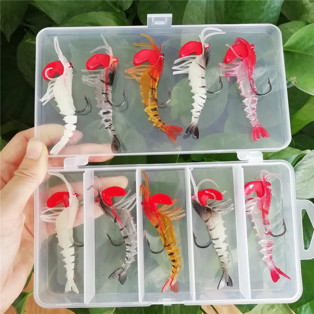 Swolfy 10pcs 7cm 12.7g Soft Shrimp Fishing Lures Bionic Artificial Shrimp Bait With Lead Sea Fishing Tackle with box