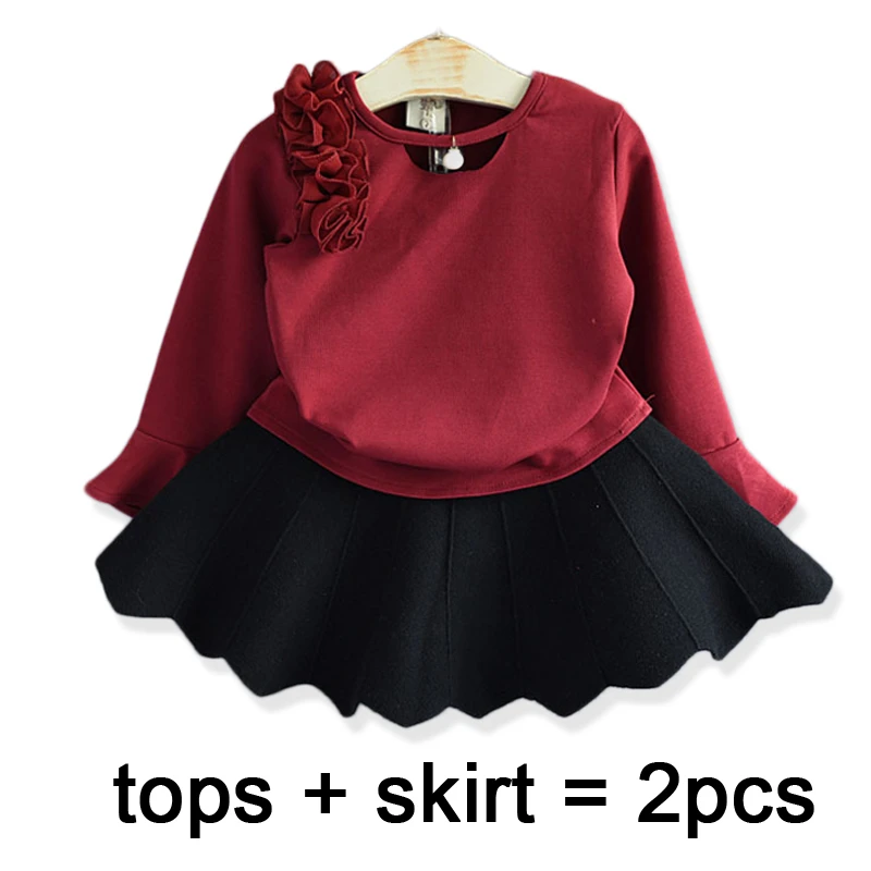 Autumn New For The Girl's Clothes Suit Long-sleeved Shirt Skirt 2 Piece Suit Pearl Flower Child's Clothes Flare Sleeve Suit - Цвет: red set 309285