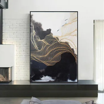 

SELFLESSLY Art New Chinese style black and white canvas painting gold line decoration painting For Living Room,corridor Wall Art
