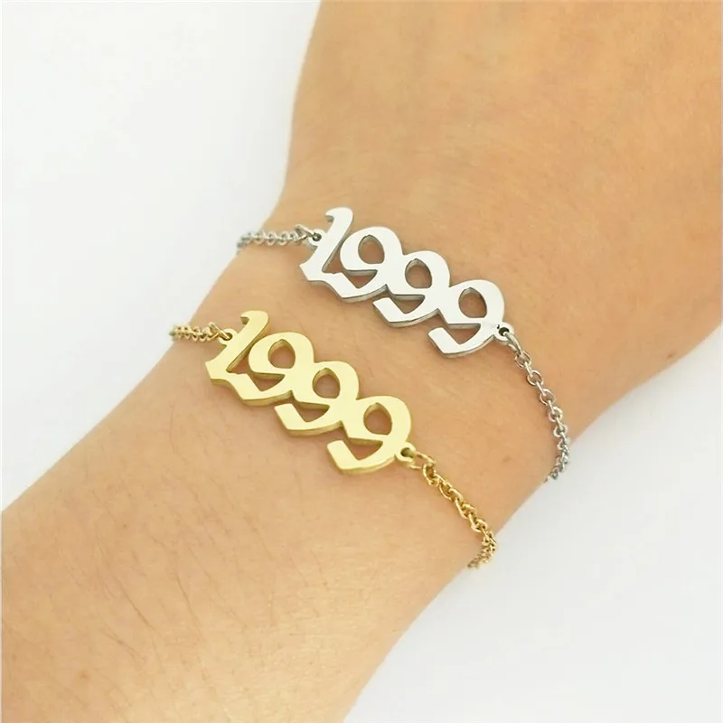 

Birth Year 1999 Charm Bracelet For Girl Old English Number Bracelets Women Jewelry Stainless Steel Chain Pulseira Masculina