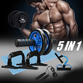 

5 IN 1 Home Workout Equipment Gym Fitness Equipment Muscle Trainer Wheel Roller Kit Abdominal Roller Push Up Bar Jump Rope Set