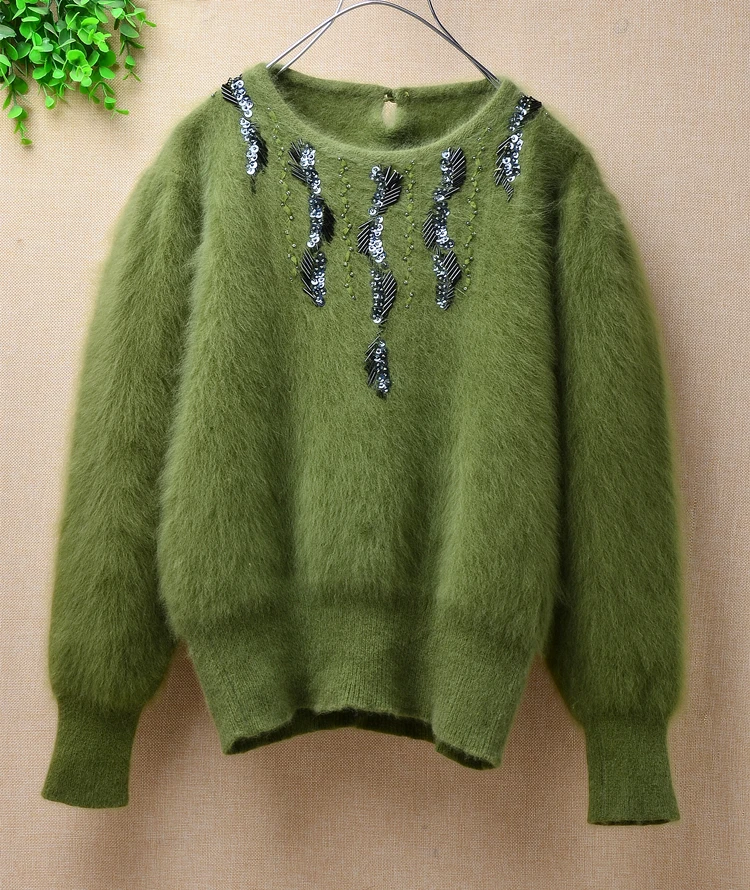 Ladies women mink cashmere o-neck loose fluffy angora rabbit fur loose hand knitted pullover sweater short warm sweater beading