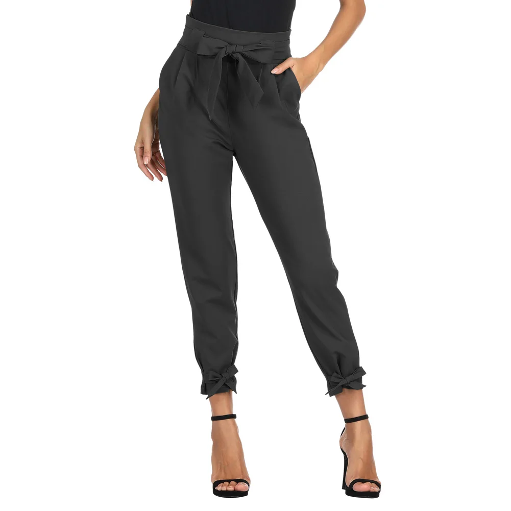 GRACE KARIN Women's Cropped Paper Bag Waist Pants Casual Solid Waist Belted Slim Pencil Trousers