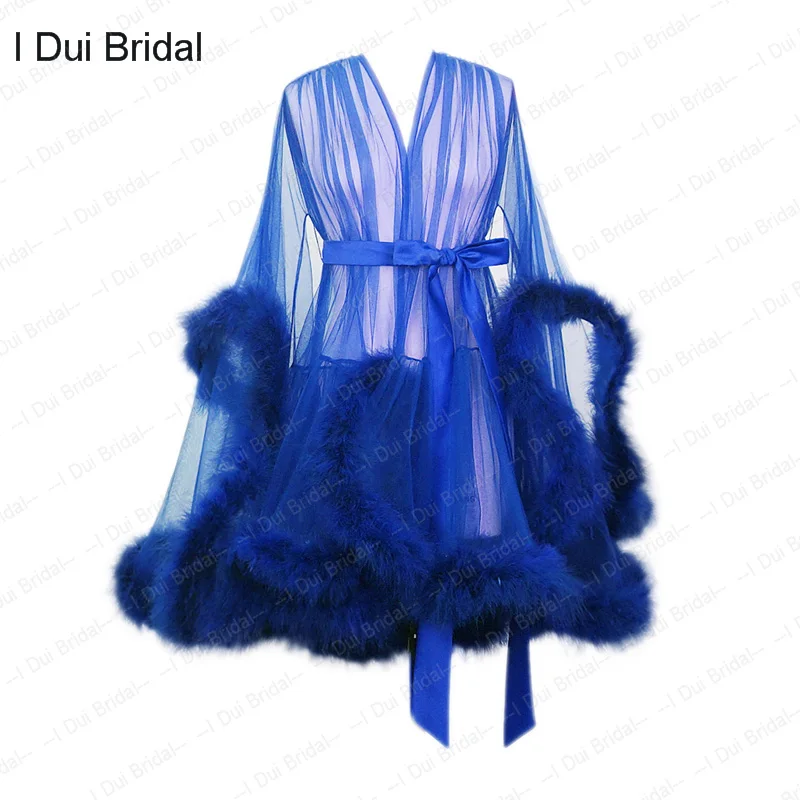 Short Marabou Women Feather Robe Boudoir Sheer Tulle Illusion Birthday Lingerie Set evening dresses