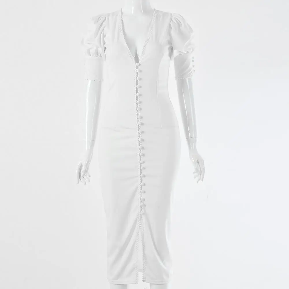 Ainyfu однотонное платье с пышными рукавами, сексуальное женское платье с глубоким v-образным вырезом, с открытыми пуговицами, с разрезом, длинное платье-карандаш, модное дамское повседневное осеннее платье - Цвет: Белый