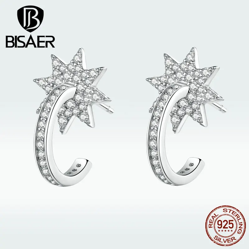 Женские серьги гвоздики BISAER из 100% стерлингового серебра с гексаграммой CZ модные