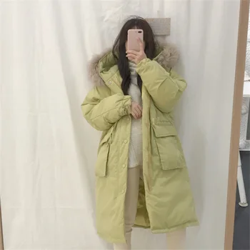 

Winter Women New Large Fur collar Hooded Down cotton coat Female Cotton coat Long section Slim Cotton Bread clothing Outerwear