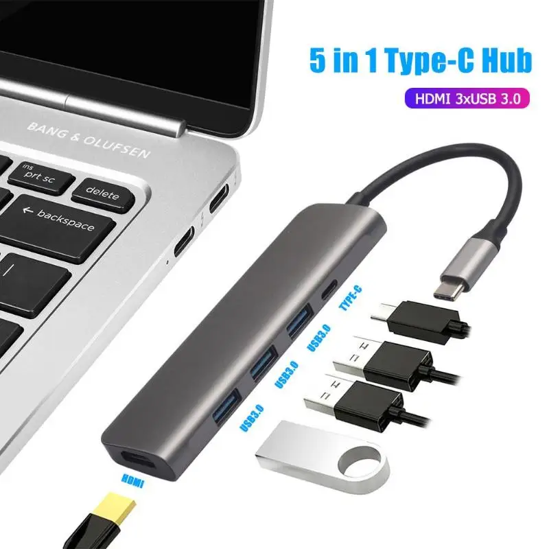 VODOOL 5 in 1 Type C to 4K HDMI 3xUSB 3.0 Fast Data Tranfer Dock Hub with PD Port Office Computer Peripherals USB Hubs