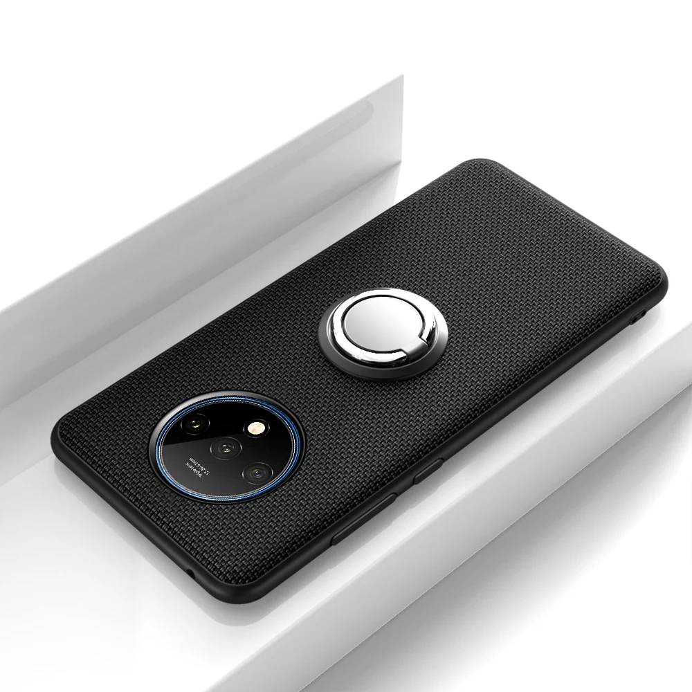 Защитный чехол для Oneplus 7T чехол Роскошный кожаный чехол для Oneplus 7T Pro One Plus 7T магнитное автомобильное кольцо-держатель на палец чехол - Цвет: Черный