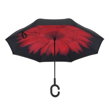 

Red Flower Folding Reverse Umbrella Double Layer Inverted Windproof Rain Car Umbrellas For Women