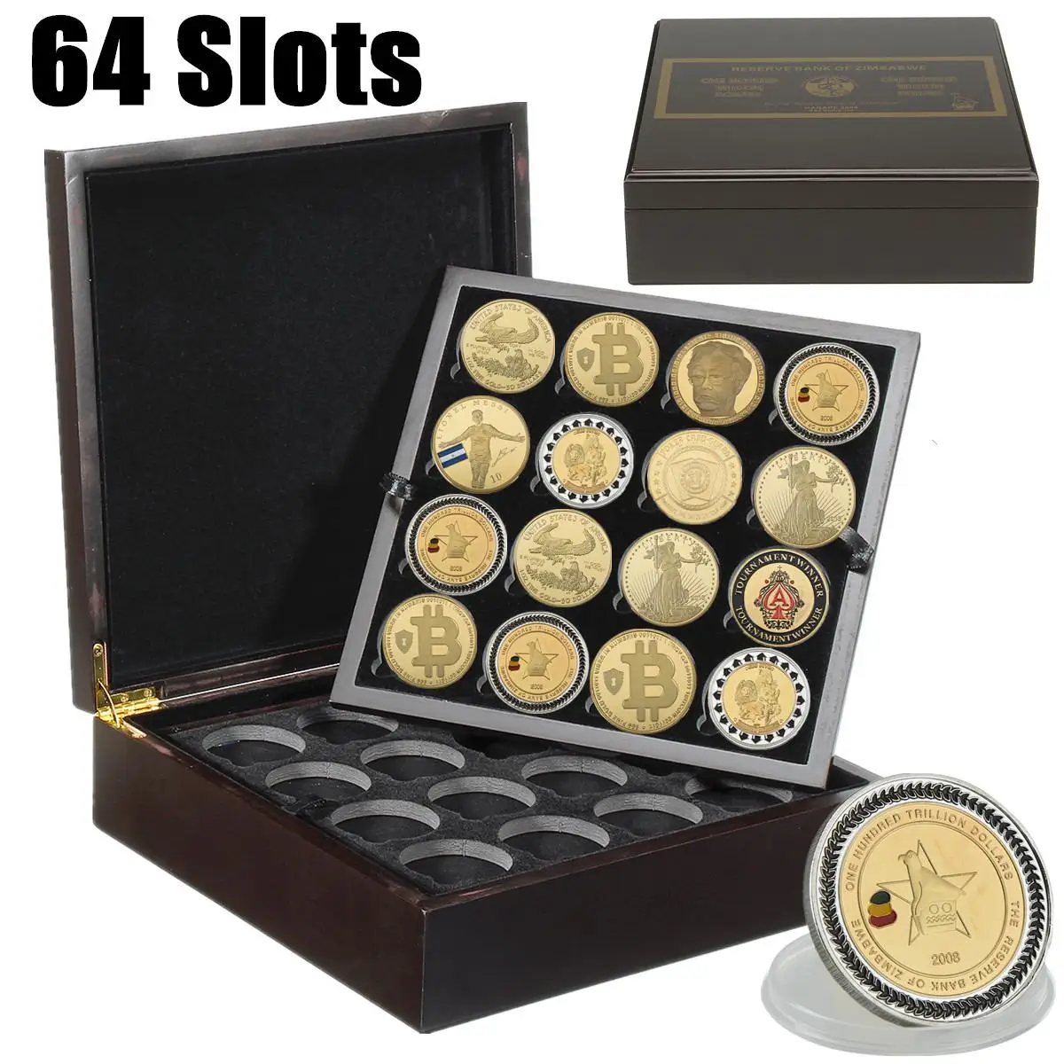 

4 Layer 64 Slots Wooden Challenge Coin Display Case Collection Commemorative Coin Box Suitable for 4cm Coins Black