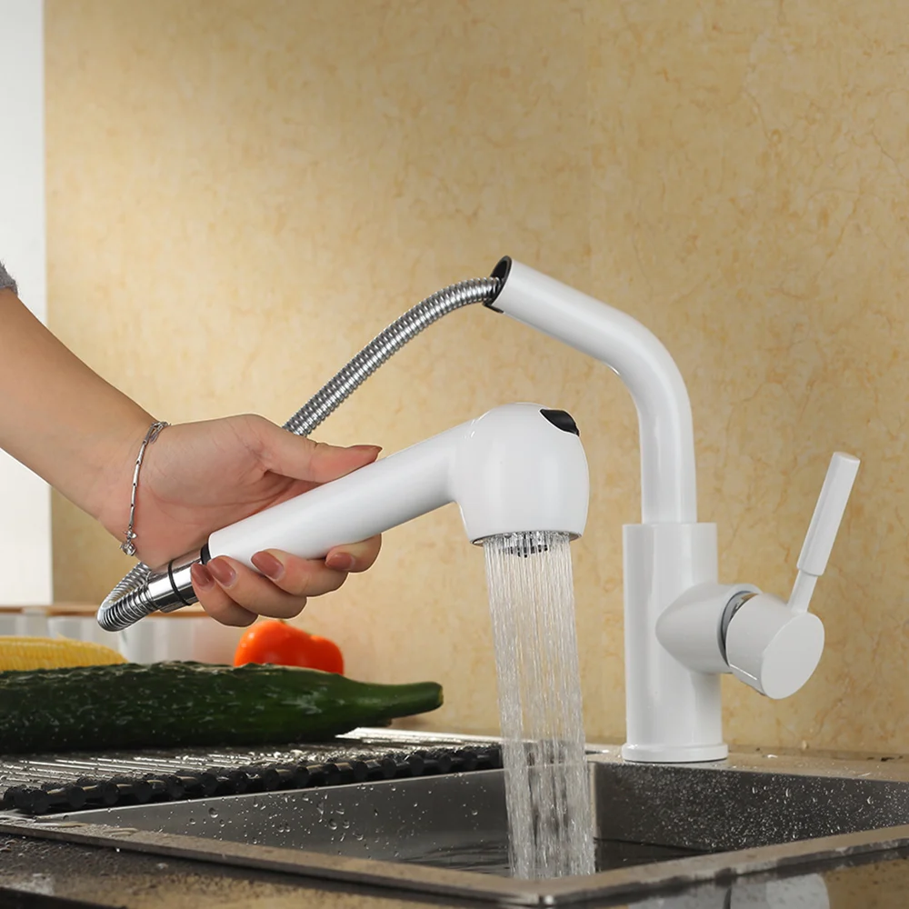

Dual function Pull Out Kitchen Faucet White/Black/Oatmeal Color Solid Brass Single Handle Wash Basin Sink Mixer Tap