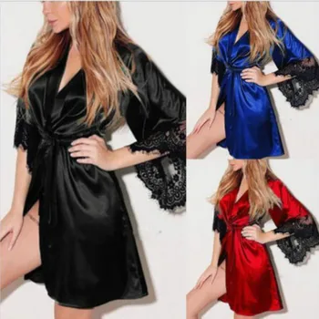 

2020 Sexy Lingerie Transparan Summer Sexy Women's Ladies Bride Robes Kimono Robe Satin Lace Night Wear Gown Sleepwear bathrobe