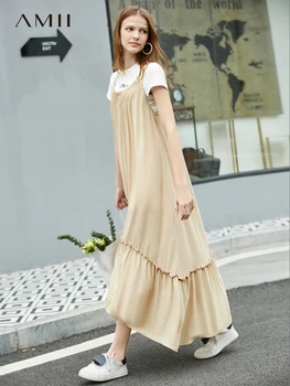 

Amii Spring Chiffon Strap Dress Female Elegant Sleeveless Deep Round Neck Pleated Long Dresses 11930132