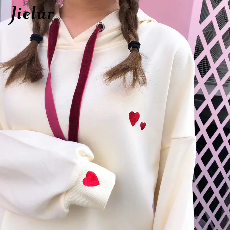  Jielur Heart Embroidery Women's Sweatshirt Hooded Winter Loose Kpop White Hoodies Female Fashion Ca