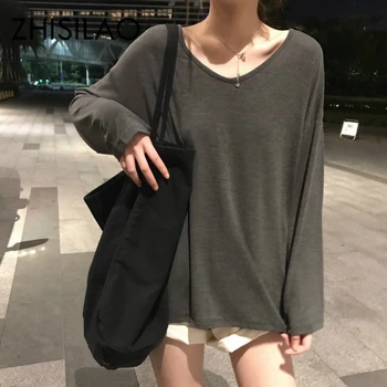 

Plus Size Solid T-shirt Women Vintage Elegant Loose Long Sleeve V-neck tshirt Mujer White Black Summer Women Tops 2020