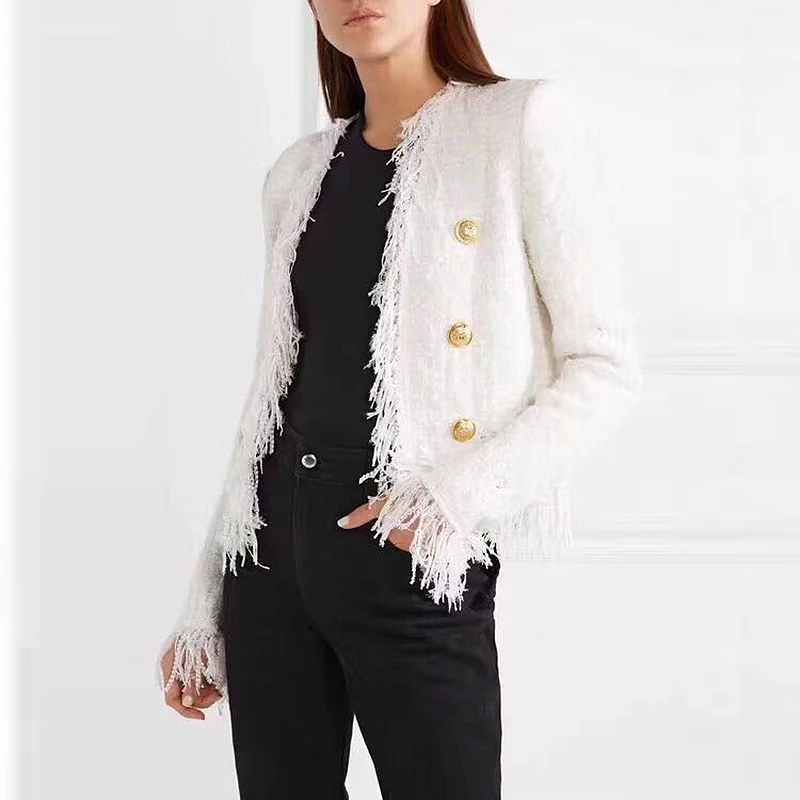 

EXCELLENT 2019 Fall Winter Designer Jacket for Women Metal Lion Buttons Embellished Tassel Tweed Fringed Short Jacket Coat
