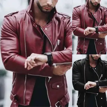 

Leather Jackets Men Autumn Long Sleeve Stand Collar Jackets Winter Zipper mont Black Wine Red Faux Leather Coats куртка мужская