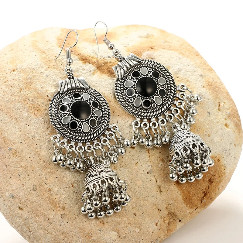 SHUANGR винтажный, из серебряного сплава Jhumka Bells бисер Нарядные серьги с кисточками для женщин турецкое цыганское племя индийские ювелирные изделия Вечерние