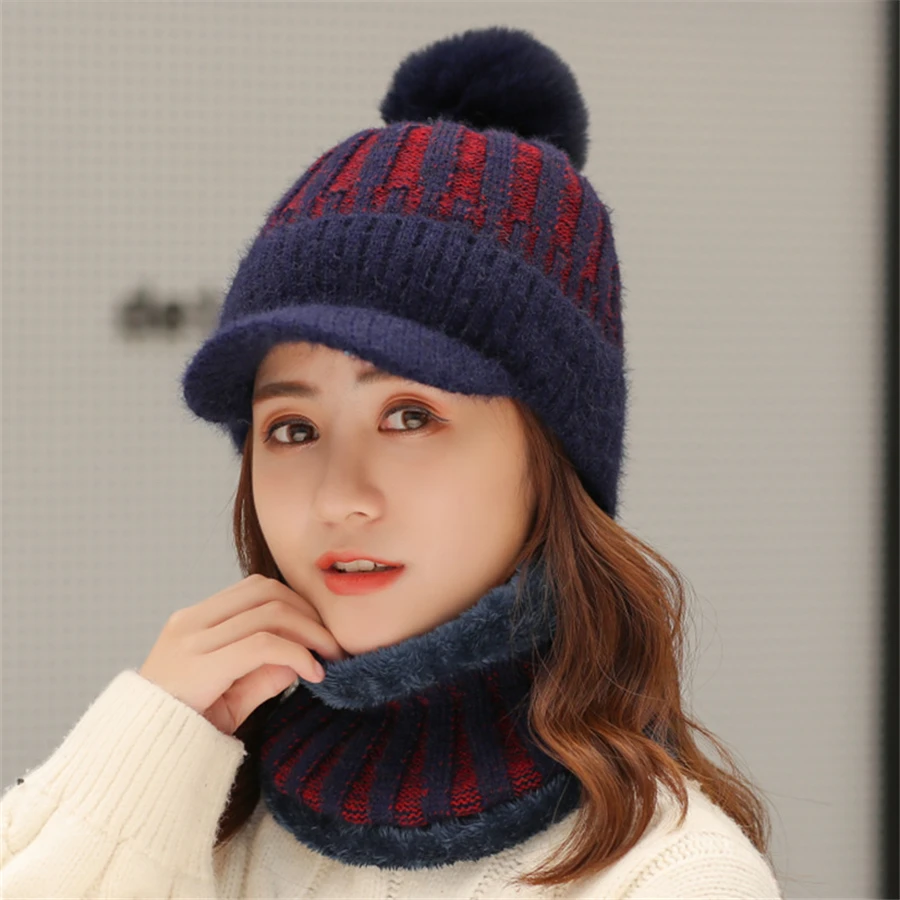Gloednieuwe winter vizier hoeden vrouwen gemengde kleur gebreide muts Skullies muts vrouwelijke dikke Veet haarbal warme muts mutsen slab_voghion.com