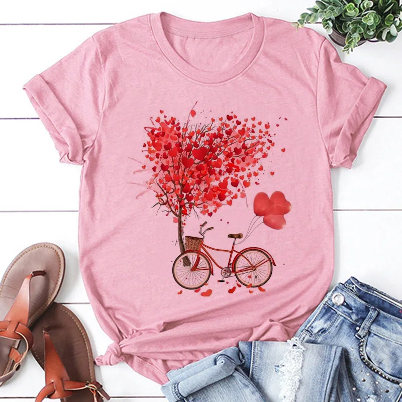 Pink T Shirt Women Beautiful Scenery Bicycle Vogue Casual Tshirt Harajuku Korean Style Graphic Tops Kawaii Short Sleeve T-shirt