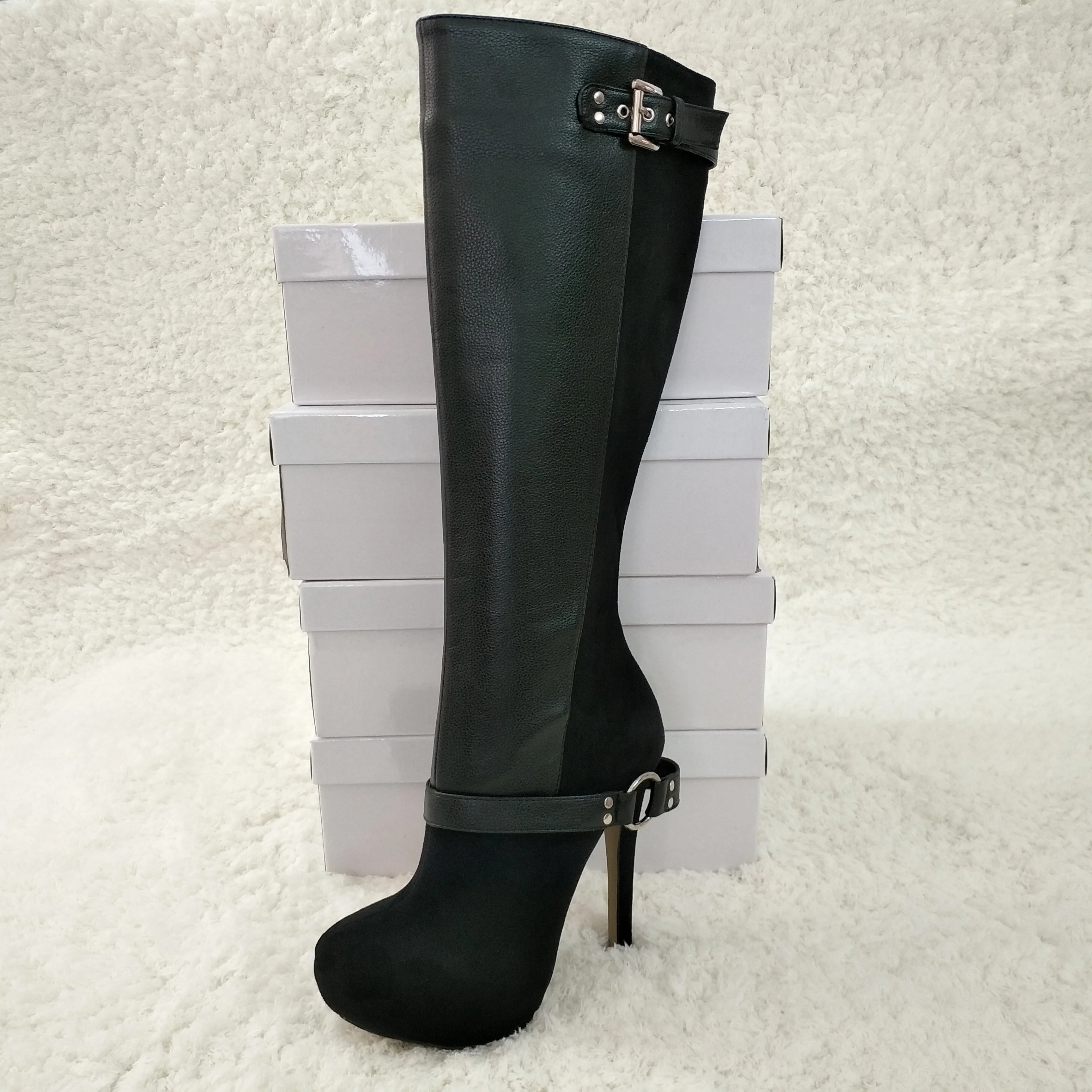 

Women Stiletto High Heel Knee-High Boots Round Toe Black Buckles Platform Fashion Evening Party Lady Office Long Boots 3463BT-o