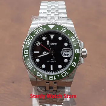

Solid Bliger 40mm Black Dial Luminous Marks Green Ceramic Bezel GMT Function Jubilee-Band Automatic Movement Men's Watches