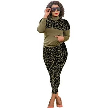 

Fashion Leopard Print Patchwork Sweatshirt Sportswear Two Piece Set Women Zipper Stand Collar Tops And Skinny Pants Matching Set