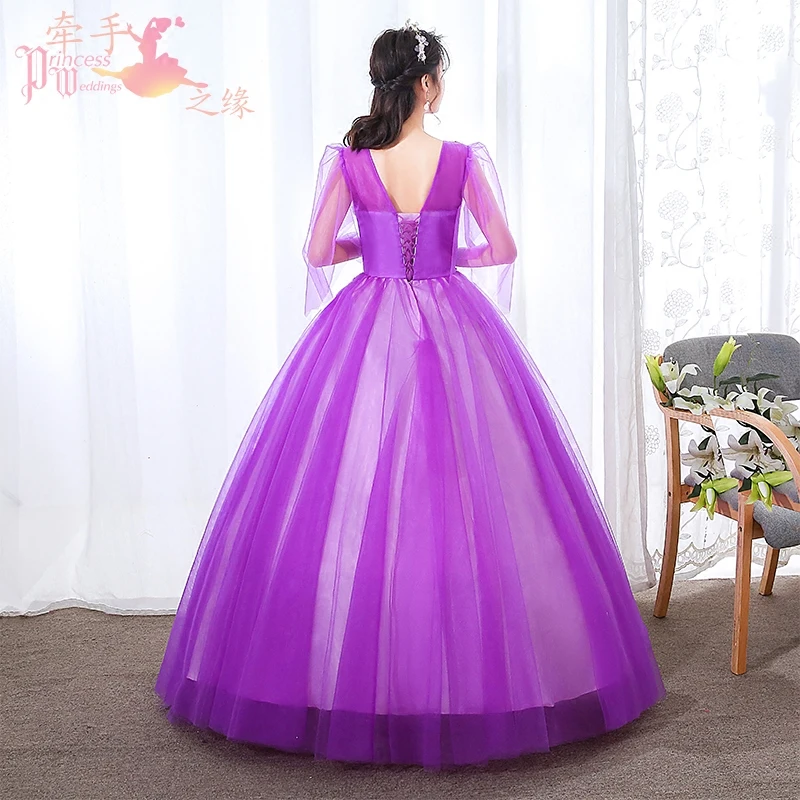 Летние Длинные вечерние платья с аппликацией Vestido De 15 Anos De фиолетовое Бисероплетение сексуальное пышное платье Sukienka Quinceanera