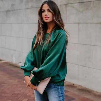 

Women Green Blouses Lattern Sleeve Shirts Top O Neck Fake Silk Female Eleganet Shirt 2020 Spring Autumn Casual Lady Loose Tops