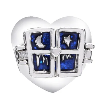 

New 925 Sterling Silver Bead Charm Blue Night Sky Window Heart With Moon Stars & Mum Beads Fit Pandora Bracelet Diy Jewelry