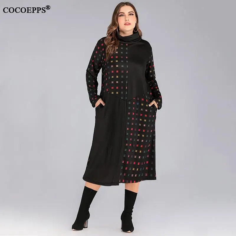4XL 5XL женское осеннее свободное платье большого размера, клетчатое зимнее платье с высоким воротом размера плюс, женское повседневное длинное платье большого размера с принтом