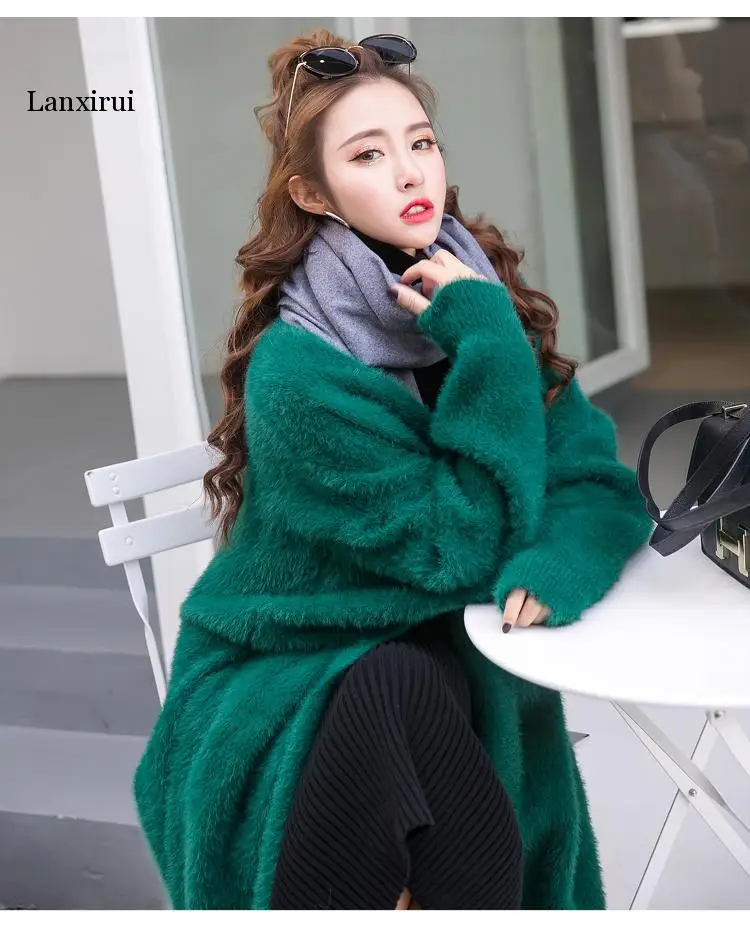 Корейский стиль, рукав летучая мышь, большой размер, свитер, женский, свободный, элегантный, искусственная норка, кашемир, сплошной цвет, X-long, вязаный кардиган, пальто