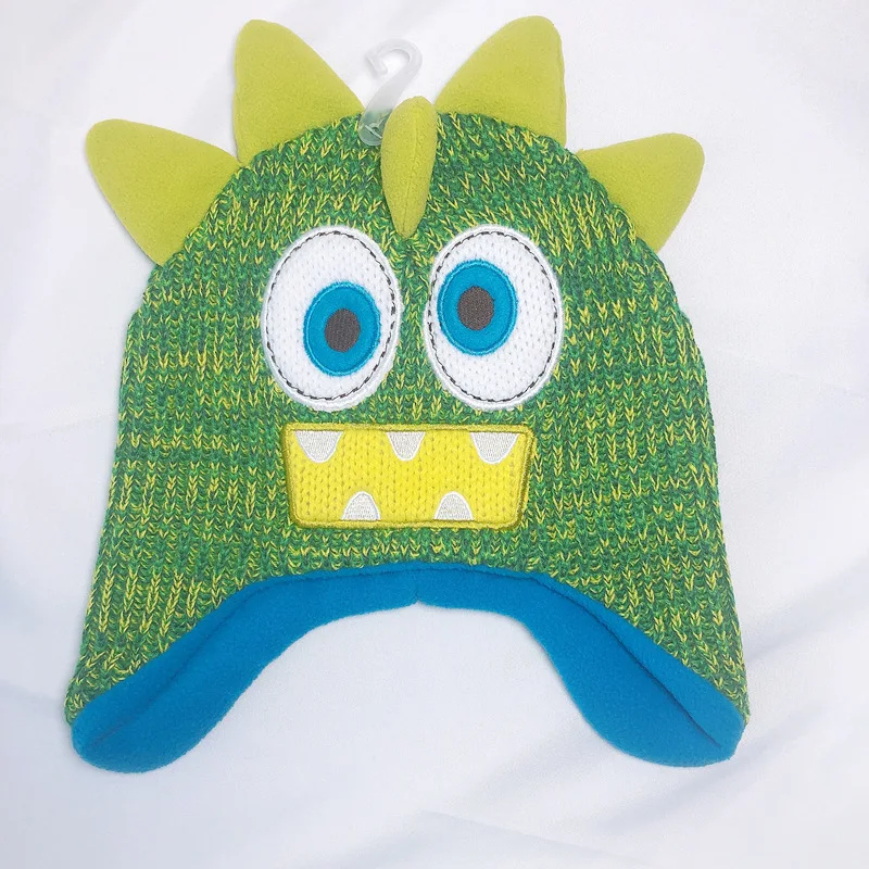 2021 autumn and winter new small dinosaur shape children knitted Warm hat plus polar fleece ear caps for boys and girls  cap navy blue bomber hat Bomber Hats