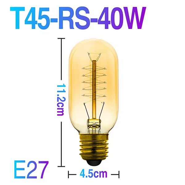 T45RS 40W E27 Винтажная лампочка эдисона E27 AC 220V лампа накаливания в художественном и художественном стиле, теплая желтая лампа накаливания, подходит для украшения дома бара - Цвет: T45RS 40W E27