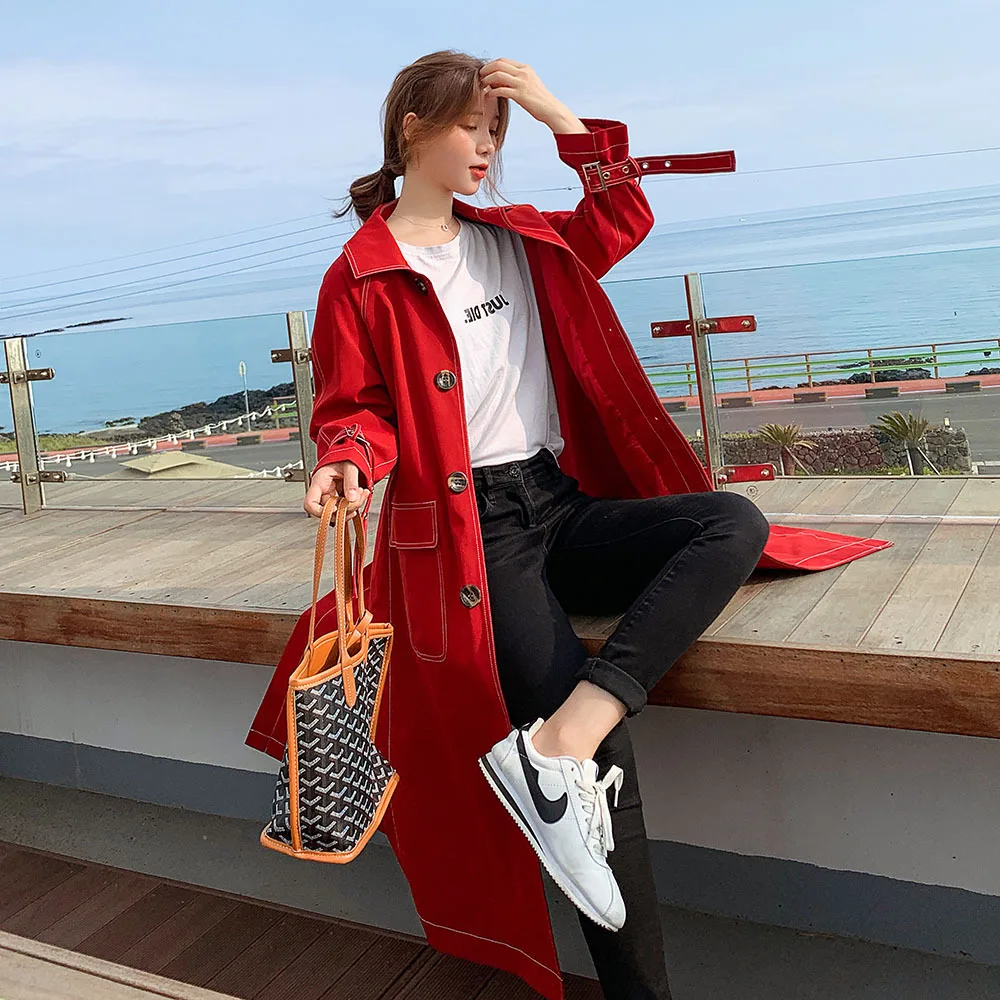 

2019 Autumn New Style Bright Red Lace-up Women's over-the-Knee Mid-length Trench Coat Waist Hugging Coat Workwear Overcoat Briti