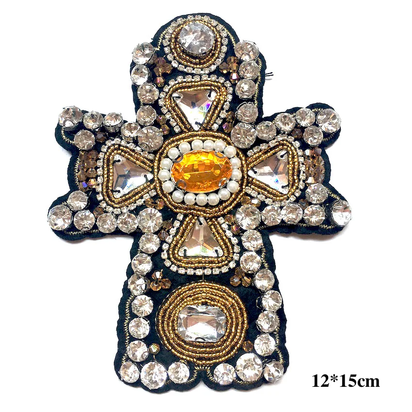 

Handmade Rhinestone Beaded Patches Cross Sew on Beaded Patch Applique for Clothing Backpack Printed Stripe Badges Jacket Decal