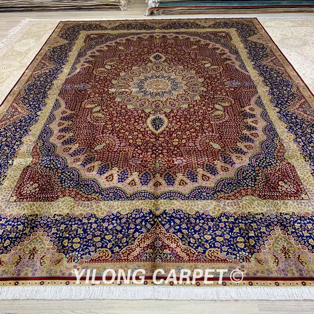 YILONG 9 2 &quotx 12 8&quot Персидский большой шелковый ковер ручной работы красный медальон