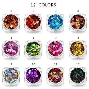 

12 Colors/Set Nail Glitter Thin Art Tips Flakes Mini Decorations Maple Leaf DIY Shiny Easy Apply Charm Sequins Sticker