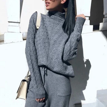 

Autumn Knitted Tracksuit Turtleneck Sweater Casual Suits Women Knit Pullovers And Long Pant 2 Piece Set Female Women Casual Set