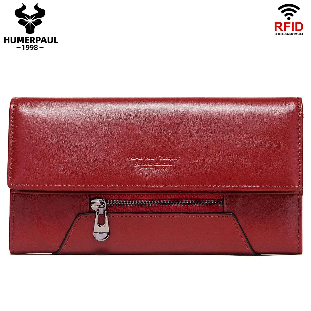 

Fashion Women Genuine Leather Wallet RFID Blocking Tri-fold Credit Card Holder Luxury Long Female Clutches With Phone Pocket