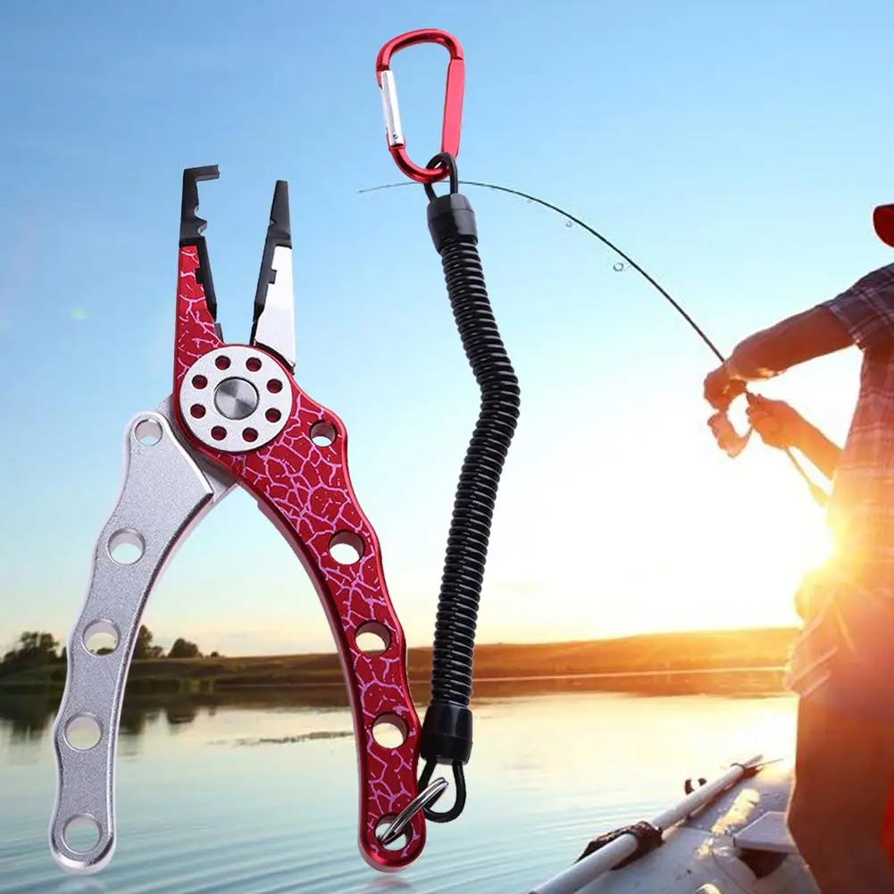 

Aluminum Alloy Fishing Pliers Hooks Remover Split Ring Cutters Fishing Holder Tackle with Sheath & Retractable Tether Combo NEW
