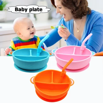 

Baby Dishes Children's Creative Section Smiling Silicone Plate With Suction Cup Strong Sticky Divided Silicone Food Straw Bowl