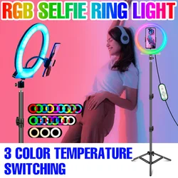 Rgb led selfie anel lâmpada usb cor luz de vídeo fotografia iluminação com tripé círculo luz de preenchimento pode ser escurecido ringlight para viver