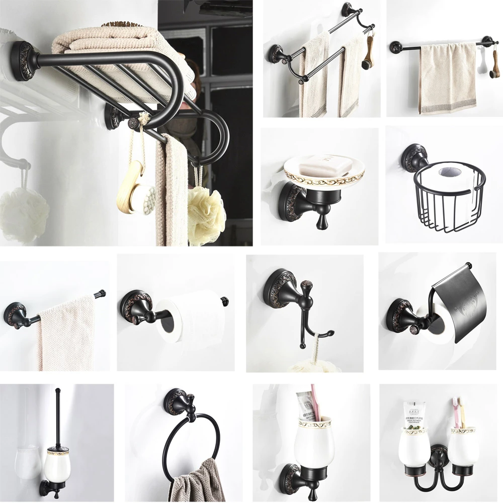 Oil Rubbed Bronze Bathroom Accessories Sets Towel Shelf Towel Holder Toilet Paper Holder Rove Hook Black Brass Bathroom Products Bath Hardware Sets Aliexpress