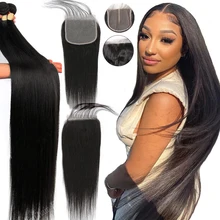 

BAHW Hair Transparent 4x4 Lace Closure With Human Hair Bundles Brazilian Straight Bundles With Closure For Black Women 30 Inch